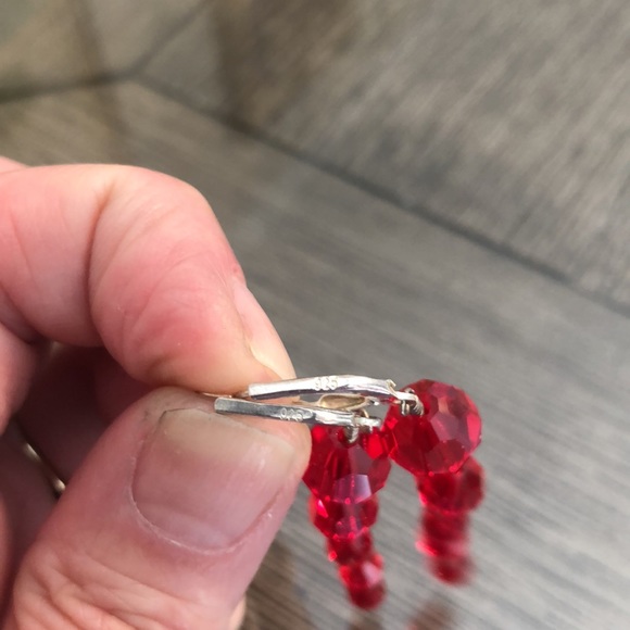 Vintage Red Cut Crystal Sterling Silver Lever Back Earrings Long Dangle - Picture 6 of 16